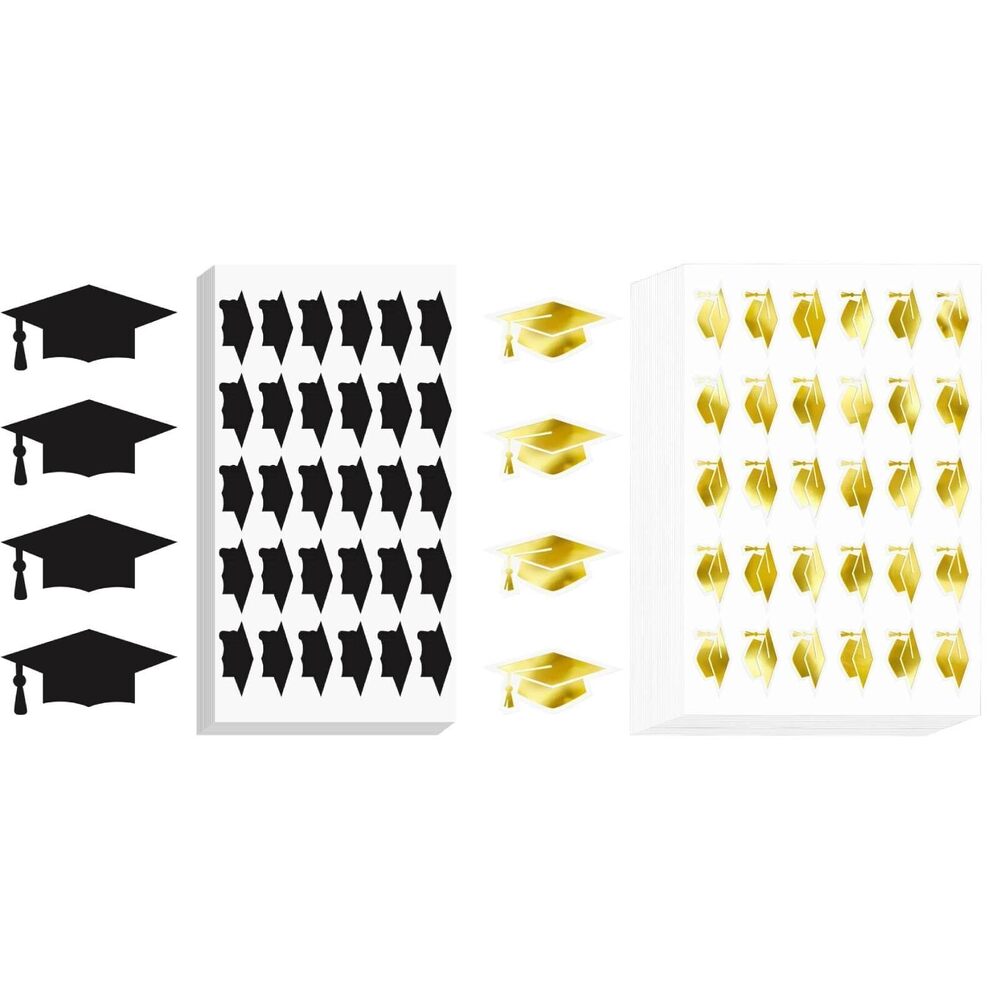 7858 Black Graduation Cap Stickers and Gold Graduation Hat Stickers